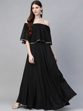 Black & Golden Foil Printed Detail Off-Shoulder Layered Maxi Dress-AHKUCRGRFP-855
